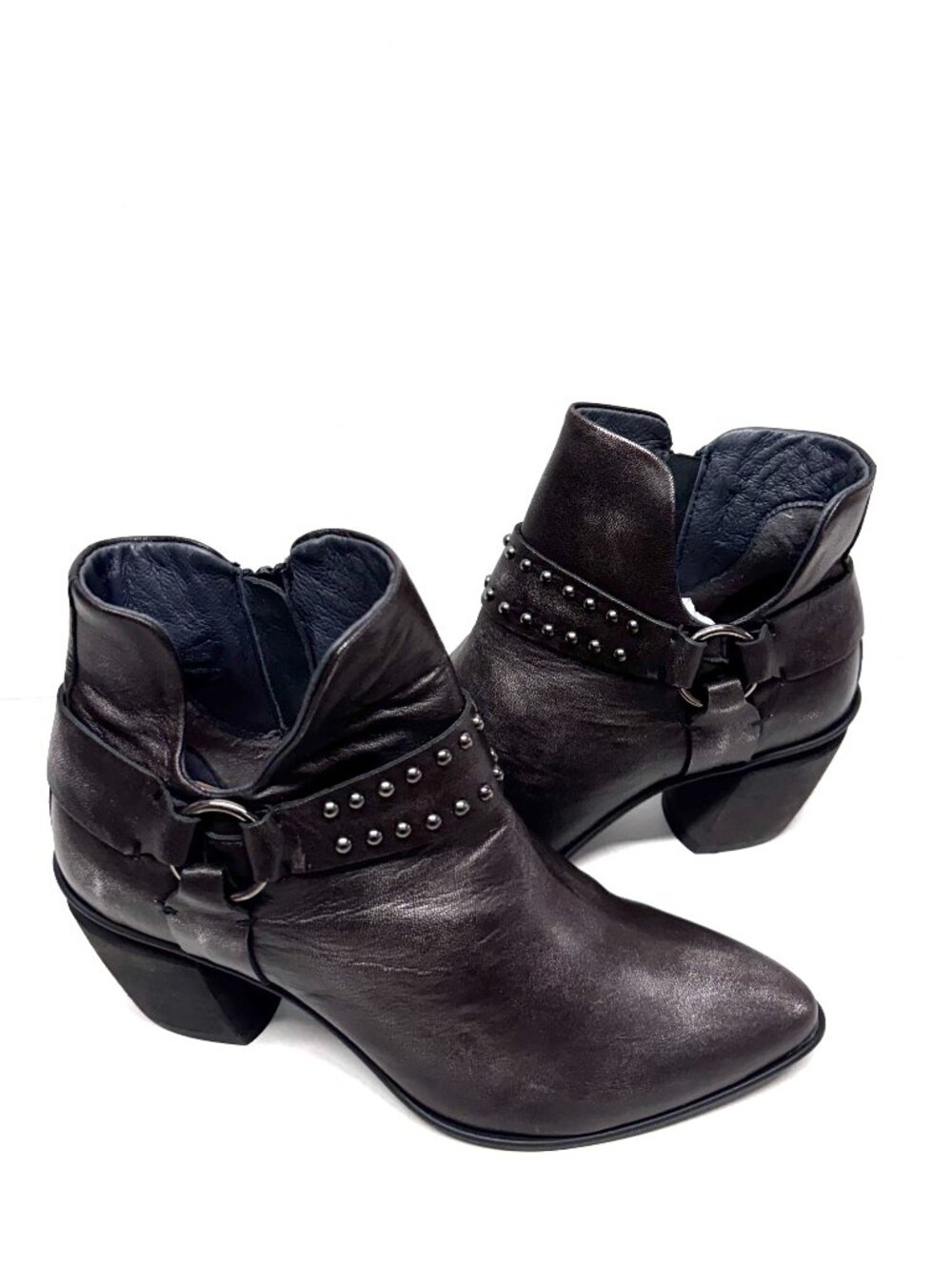 MIZ MOOZ LEATHER BOOTIE SIDE ZIP POINTED TOE GUNPOWDER 37EU / 7US NEW # B-45